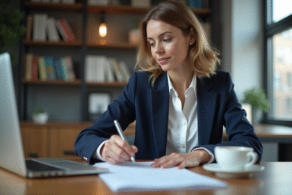 Femme professionnelle examine documents de mortgage au bureau