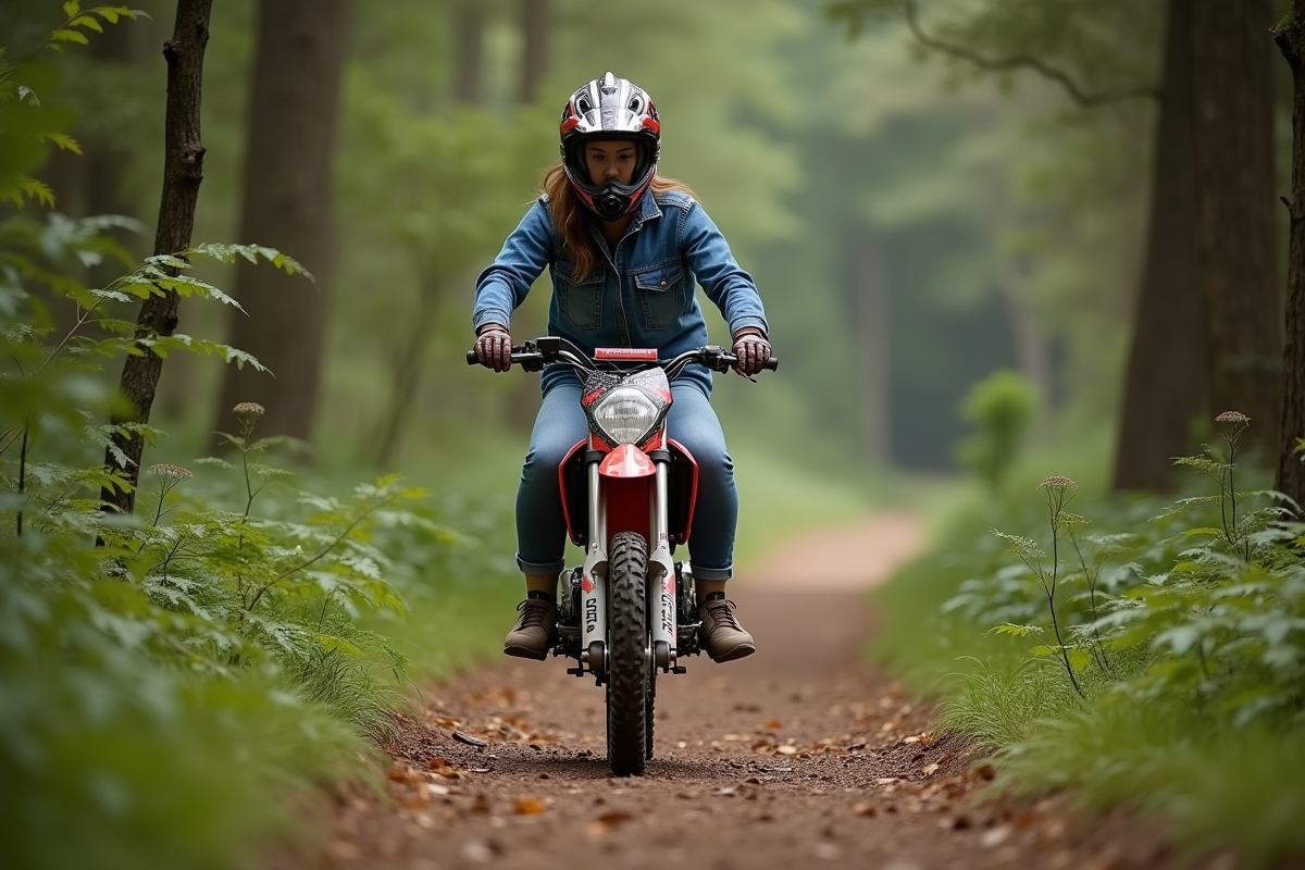 Femme motocross en forêt avec moto 50cc en pleine nature