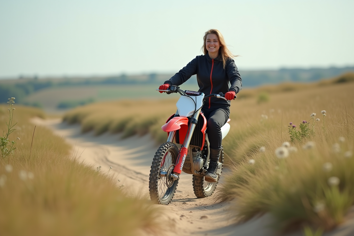Jeune femme poussant sa moto dans un champ en campagne