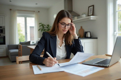 Femme professionnelle examinant des documents de prêt immobilier