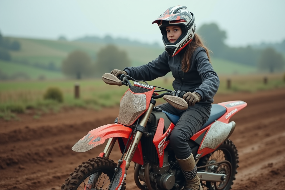 Fille en équipement motocross sur un trail boueux