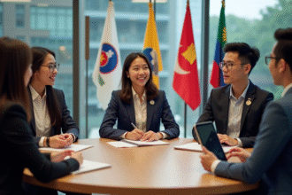 Jeunes adultes asiatiques en réunion de discussion