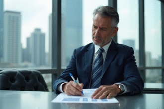 Homme d'affaires en costume analyse un rapport financier