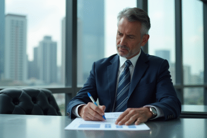 Homme d'affaires en costume analyse un rapport financier