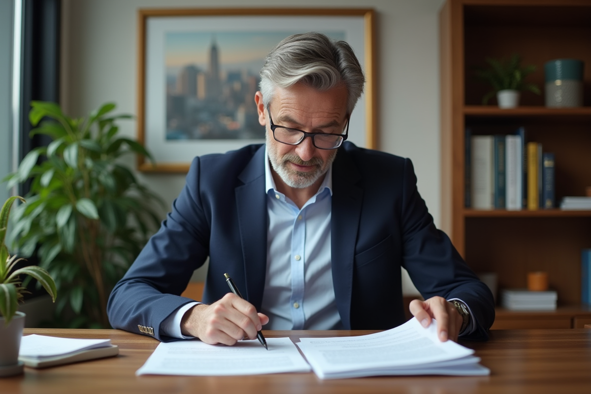 Homme d'affaires en blazer bleu examinant documents immobiliers