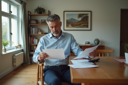 Homme d'âge moyen en tenue smart casual concentré sur documents