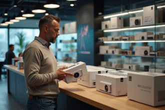 Homme d'âge moyen examine des lampes de projecteur en magasin