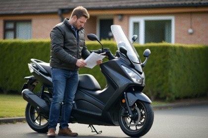 Homme en moto devant sa maison examine des brochures d'assurance