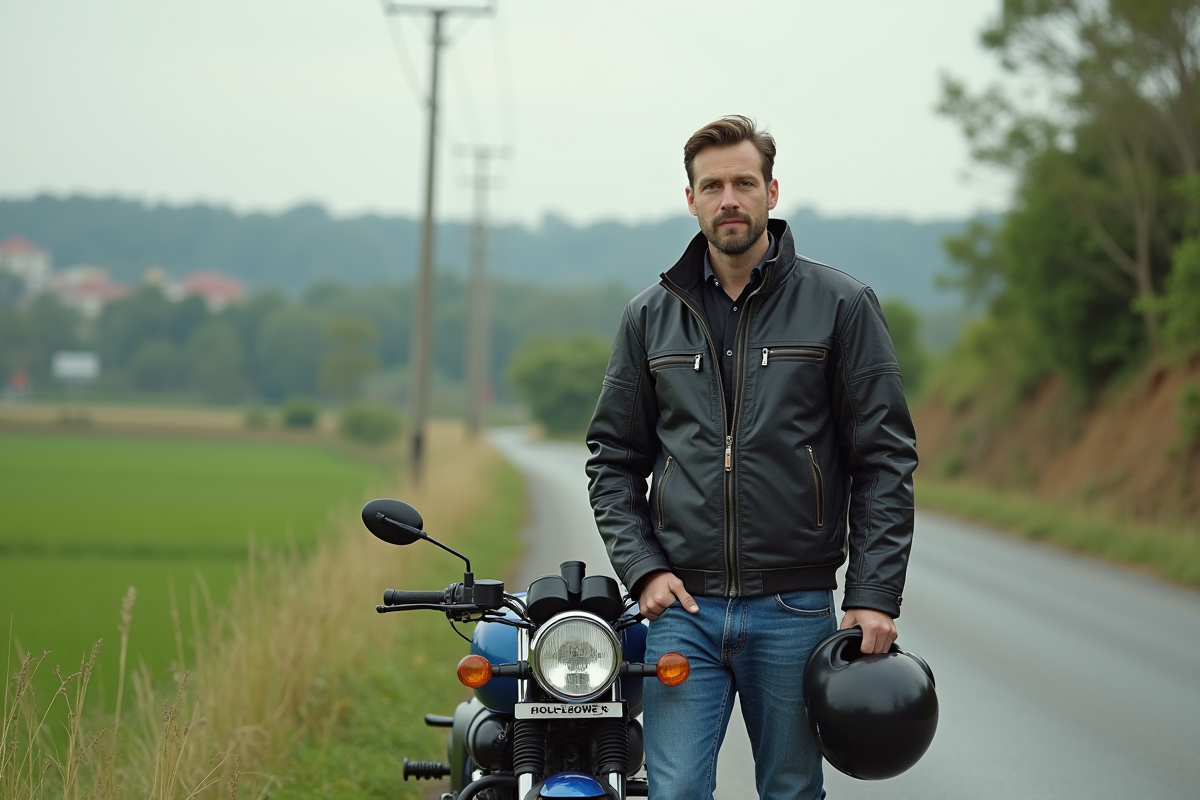 Homme avec casque et veste moto près d'une moto à la campagne