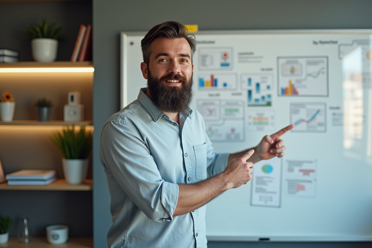 Homme barbu pointant idées lors d