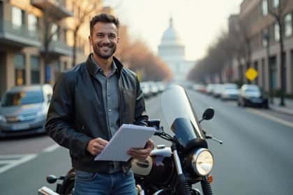 Homme souriant avec dossier d'assurance et moto en ville