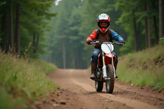 Jeune garçon en motocross sur un sentier forestier