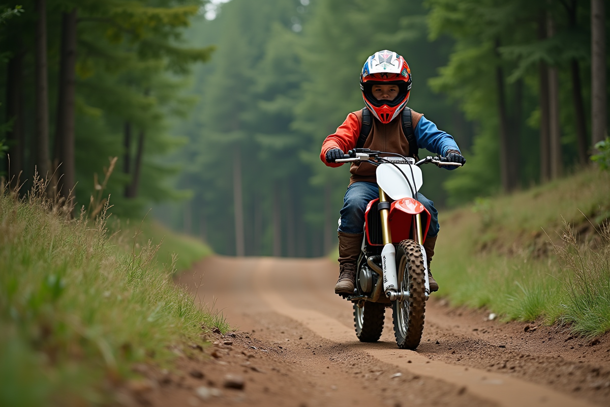 Jeune garçon en motocross sur un sentier forestier