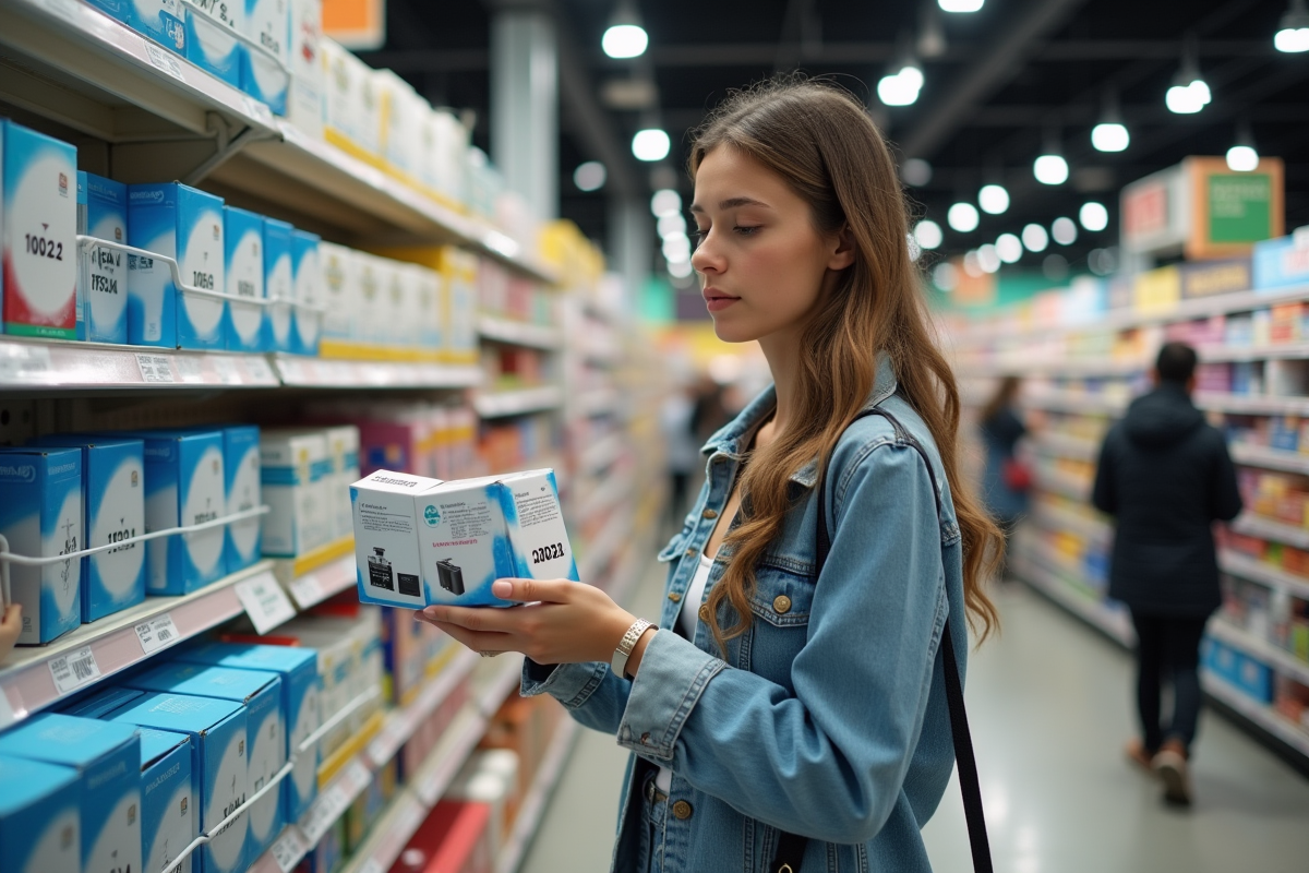 Jeune femme compare deux cartouches dans supermarche espagnol