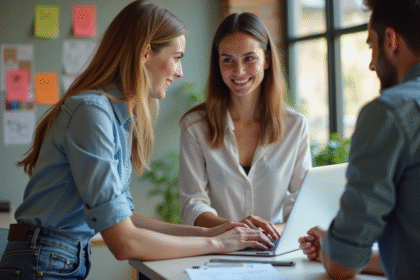 Jeune femme en coworking discutant avec collègue
