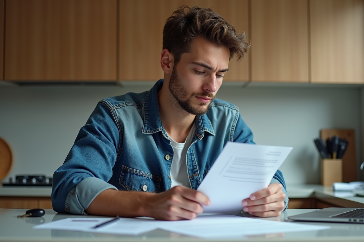 Jeune homme lisant un contrat de location dans la cuisine