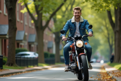 Jeune homme en denim sur une moto 125cc en ville