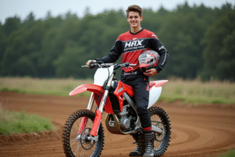 Jeune homme en motocross avec casque et bike 125cc