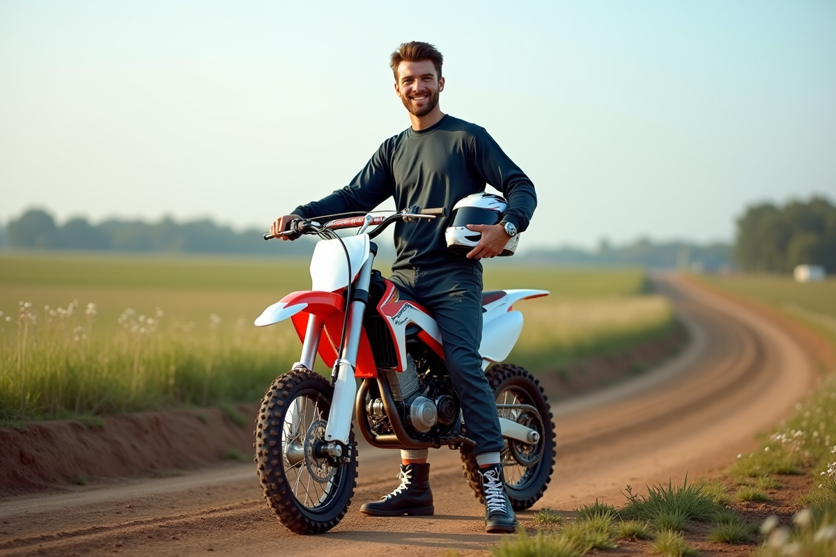 Coureur motocross homme en campagne avec moto 50cc