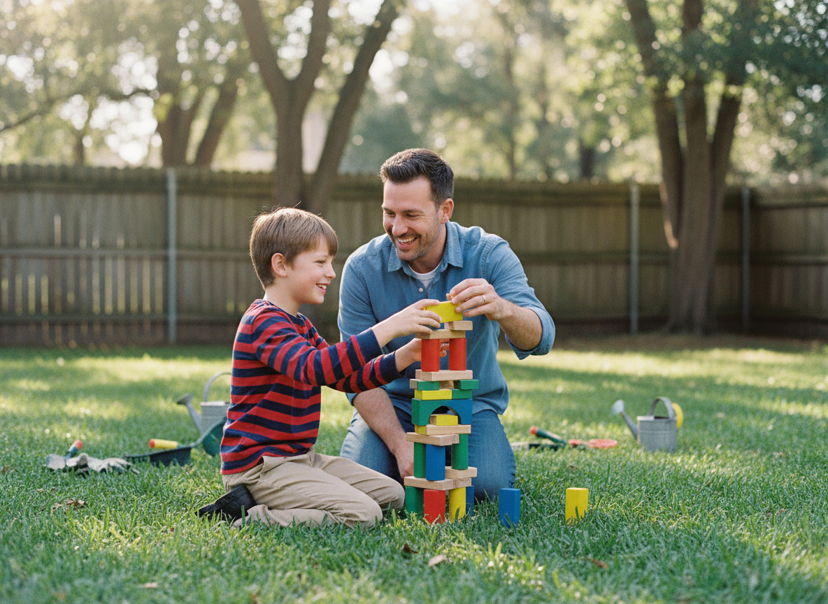 Père et fils jouent avec des blocs en plein air dans le jardin