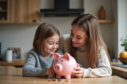 Fille de 7 ans avec sa mère mettant des pièces dans une tirelire