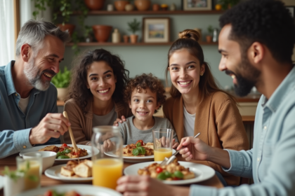 Famille multiculturelle partageant un repas dans une cuisine chaleureuse