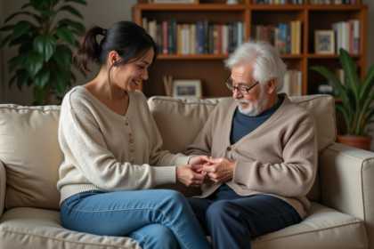Femme aidant son père à boutonner un cardigan dans le salon