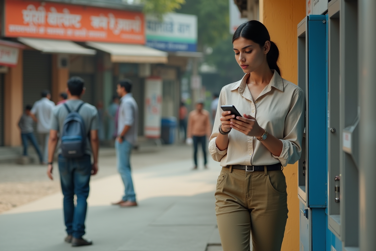 Jeune femme indienne utilisant un distributeur automatique en extérieur