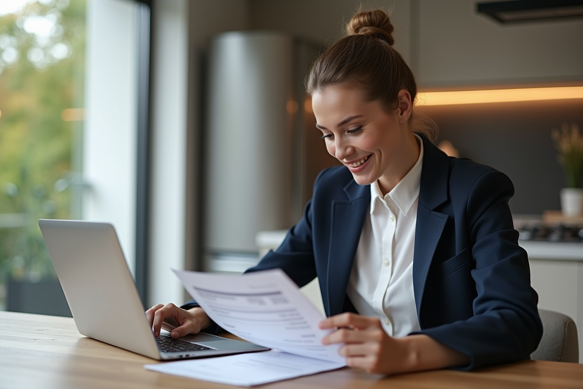 Femme en blazer bleu dans un intérieur moderne