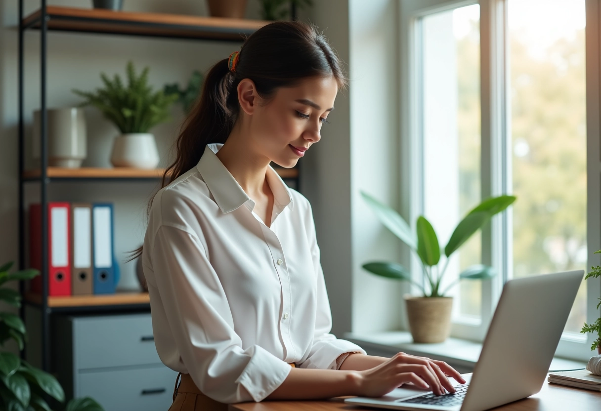 Jeune femme en blouse tape sur un ordinateur dans un bureau lumineux