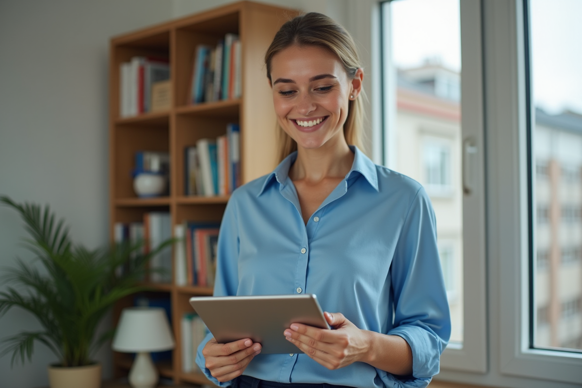 Jeune femme en intérieur avec tablette SCPI souriante