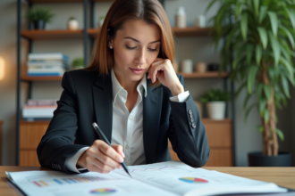 Femme professionnelle examinant un rapport ESG en bureau