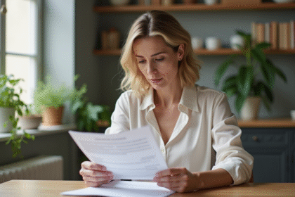 Femme lisant attentivement un contrat de location dans un appartement moderne