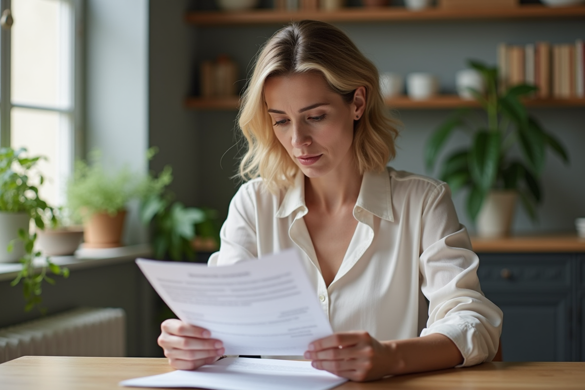 Femme lisant attentivement un contrat de location dans un appartement moderne
