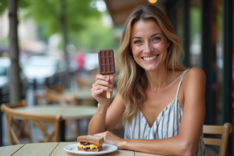Femme souriante dégustant une glace au chocolat en ville