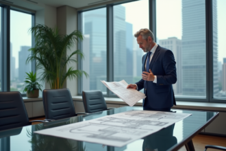 Homme d'affaires en costume bleu tenant des plans architecturaux