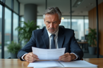 Homme d'affaires en costume examine documents SCPI