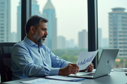Homme d'affaires indien au bureau avec documents et ordinateur