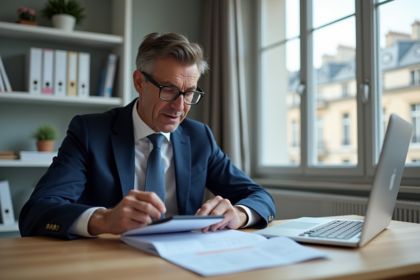 Homme d'âge moyen en costume bleu étudiant des documents fiscaux immobiliers à Paris