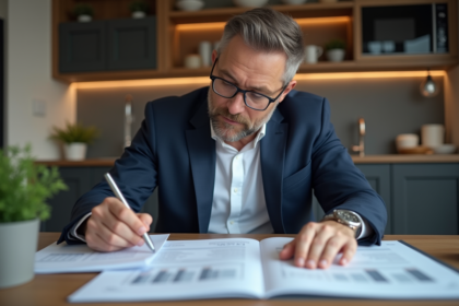 Homme d'âge moyen en costume bleu examine des documents fiscaux