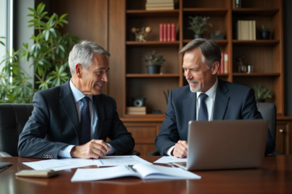 Homme et femme d'affaires en discussion dans un bureau élégant