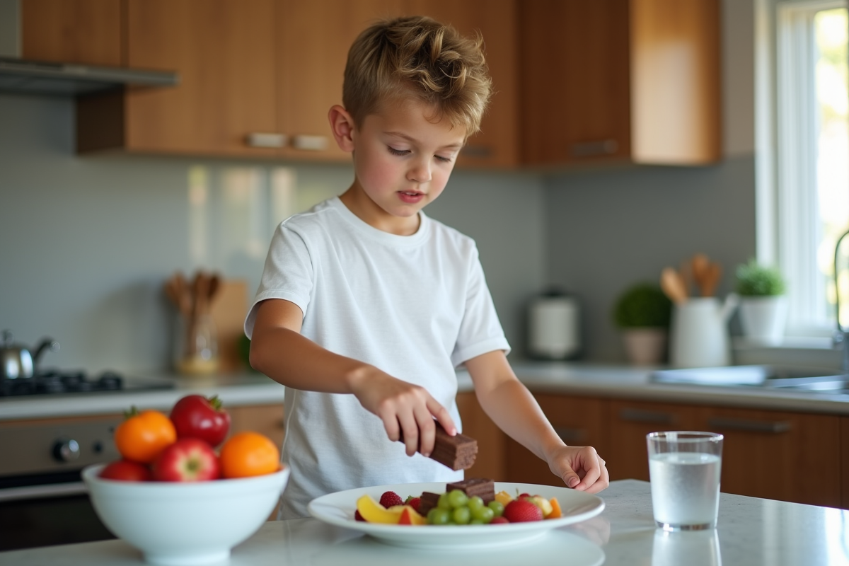 Garçon en cuisine posant une glace au chocolat sur une assiette