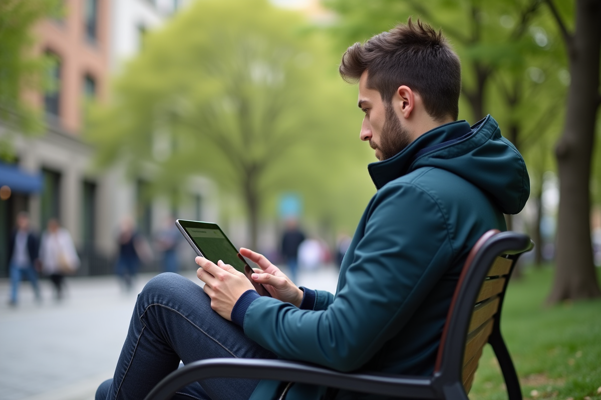 Jeune homme utilisant une tablette dans un parc urbain