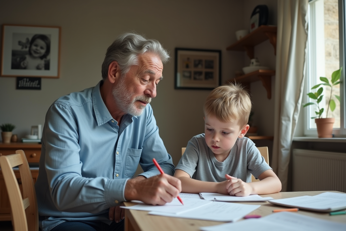 Père aidant un enfant à faire ses devoirs à la maison