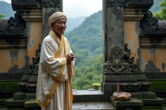 Prêtre balinais en tenue traditionnelle devant le temple Besakih