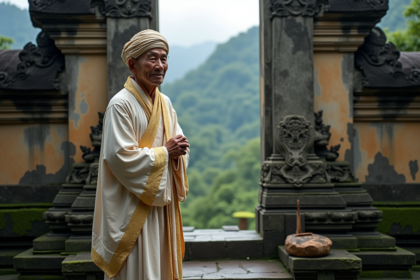 Prêtre balinais en tenue traditionnelle devant le temple Besakih