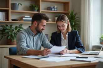 Deux jeunes professionnels discutent à une table dans un appartement moderne
