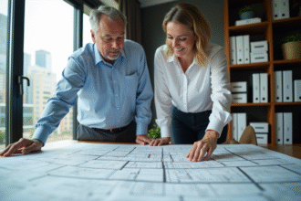 Deux urbanistes discutent devant des plans urbains