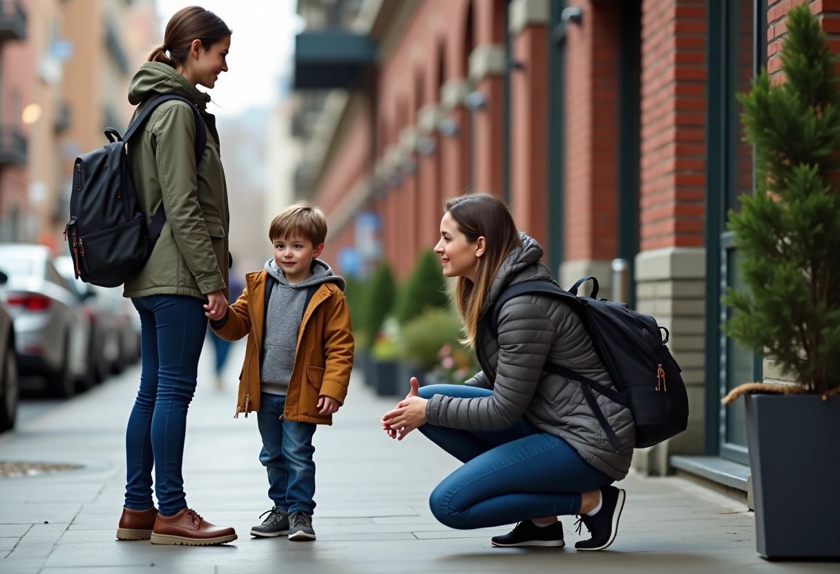 Garçon disant au revoir à sa mère devant un immeuble urbain