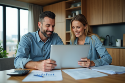 Couple d'adultes examinent des documents immobiliers à la maison